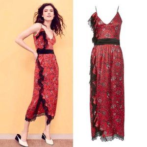 NWOT Cinq a Sept Petra Slip Dress Silk Satin Floral French Midi Lace 0 XS Red
